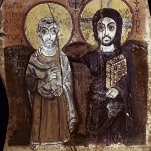 EGYPT: COPTIC ART: CHRIST and abbot Mena. Painting on wood, 7th century A. D