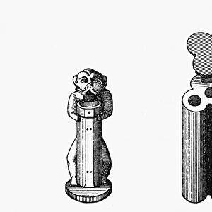 EGYPT: COSMETIC POTS. Ancient Egyptian pots for eye makeup. Left: in the shape of a pillar, with the stick for applying the makeup. Center: in the shape of a monkey. Right: for holding four different kinds of makeup. Line engraving, c1894