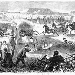 EMIGRANTS, 1869. Pilgrims on the Plains. Emigrants to the West circle the wagons for evening camp at the edge of a river. Wood engraving, American, 1869
