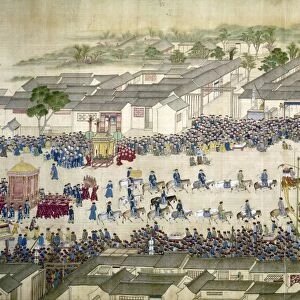 Emperor of China, 1661-1722. K ang Hsi entering Peking on the occasion of his 60th birthday. Right detail of a painted silk scroll, early 18th century