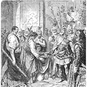 END OF THE ROMAN EMPIRE. Odoacer, King of the Heruli, compels the boy Emperor Romulus Augustulus to yield the crown of the Western Roman Empire to him in Rome in 476 A. D. Wood engraving, 19th century