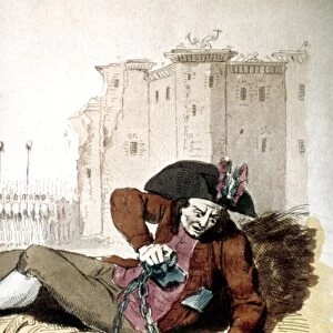 THE THIRD ESTATE, 1792. A man personifying the Third Estate breaks his chains before the storming of the Bastille. Color engraving, 1792
