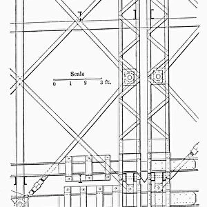 Expansion joint in center truss of the Brooklyn Bridge. Wood engraving, c1880