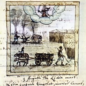 FARMING, 17th CENTURY. Working the fields in August: French calendar manuscript illumination
