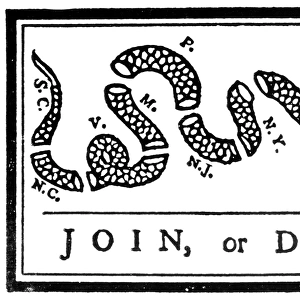 First American political cartoon, originally published by Benjamin Franklin in his Pennsylvania Gazette, 1754