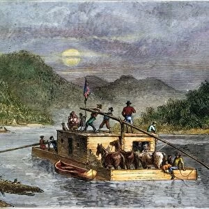 FLATBOAT, 19th CENTURY. Emigrants traveling by flatboat on the Missouri River. Wood engraving, American, 19th century