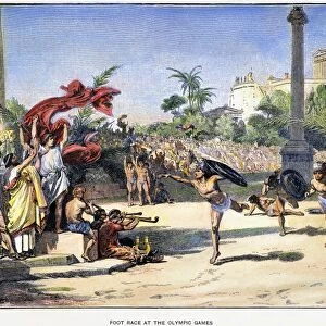 The foot race event at the Olympic games of ancient Greece. Line engraving, German, late 19th century