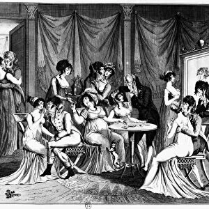 FRANCE: CONSULATE LIFE. The Parisian Seraglio, or Fashionable Society (bon ton) of 1802. Contemporary French line engraving by Blanchard