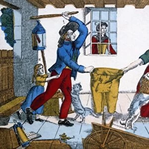 FRANCE: DOMESTIC DISPUTE. The Great Quarrel, or Who Wears the Pants? Stencil-colored wood engraving, c1822-8, from Images d Epinal, published by Jean-Charles Pellerin at Epinal, France