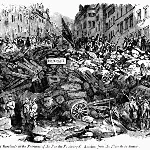 FRANCE: REVOLUTION, 1848. Barricades at the entrance of the Rue du Faubourg Saint Antoine in Paris, France, during the June 1848 riots in Paris after the closing of the national workshops. Contemporary English wood engraving