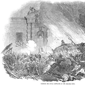 FRANCE: REVOLUTION OF 1848. Burning the royal carriages at the Chateau d Eu. Wood engraving from a contemporary English newspaper