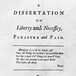 FRANKLIN: TITLE PAGE, 1725. Title page of A Dissertation on Liberty and Necessity, Pleasure and Pain, written and printed by Benjamin Franklin, 1725