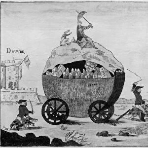 FRENCH BLOCKADE OF BRITAIN. Prompt Arrival of Provisions from the Colonies. French cartoon, c1806, showing the expected effect of the Berlin Decree of 1806, in which Emperor Napoleon declared the British Isles under blockade, forbidding any trade to or from them