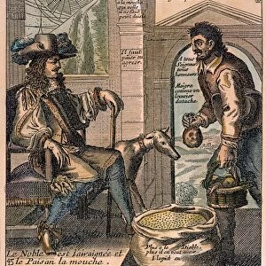 FRENCH CLASS CARTOON. The noble is the spider and the peasant the fly from Jacques Lagniets Recueil de Proverbes. Copper engraving, 1657-1663
