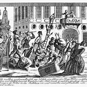 FRENCH REVOLUTION, 1789. Screaming bread, bread, bread, women of Paris, France, some disguised as men, storm the Town Hall and plunder everything in sight. Contemporary German line engraving