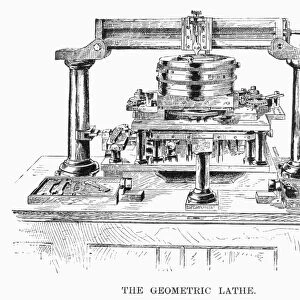 GEOMETRIC LATHE, 1890. Lathe used for etching patterns on the plates used in printing bank notes at the Bureau of Engraving and Printing in Washington D. C. Wood engraving, American, 1890