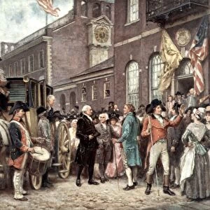 GEORGE WASHINGTON (1732-1799). 1st President of the United States. President George Washington arriving at Congress Hall in Philadelphia on 4 March 1793 for his second inauguration. After a painting by J. L. G. Ferris