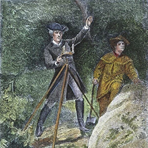 GEORGE WASHINGTON (1732-1799). First President of the United States. Young George Washington as a surveyor. Color engraving, 19th century