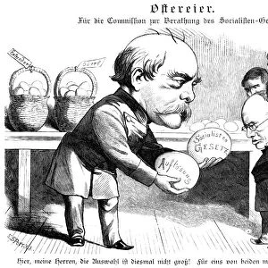 GERMAN CARTOON, 1884. Cartoon showing Otto von Bismarck (left) trying to kill socialism