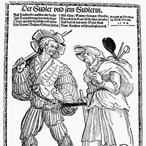 GERMAN SOLDIER, 1535. A lansquenet (mercenary) and his companion. German woodcut