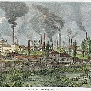 GERMANY: KRUPP WORKS. The Krupp steelworks at Essen, Germany. Wood engraving, English, late 19th century