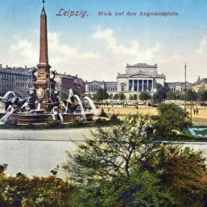 GERMANY: LEIPZIG, c1910. View of the Augustusplatz in Leipzig, Germany, with the Mendebrunnen, completed in 1886, in left foreground. German autochrome postcard, c1910