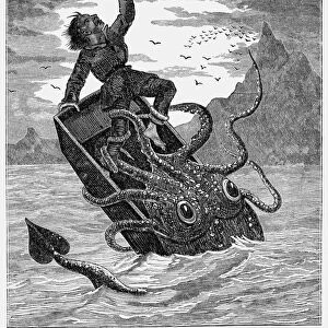 GIANT SQUID, 1879. Giant squid attacking a fisherman in his boat. Wood engraving, 1879