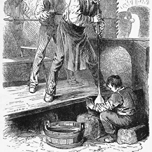 GLASSWORKER, 19TH CENTURY. Glass blowers and apprentices at work. Wood engraving, 19th century