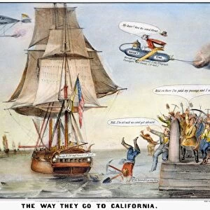 GOLD RUSH CARTOON, 1849. The Way They Go to California. Caricature of the eagerness of Easterners to reach the gold fields in California. Lithograph by Nathaniel Currier, 1849