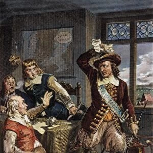 GOV. PETER STUYVESANT. Destroying the British summons to surrender New Netherland in 1664. Colored engraving, 19th century