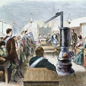 GRANGE MOVEMENT, 1874. A Grange meeting in the schoolhouse near Edwardsville, Illinois, in 1874