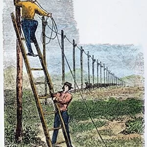 GREAT PLAINS: TELEGRAPHY. Hanging telegraph wires on the Great Plains of the American west: colored engraving, c1870
