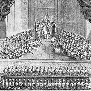 GREAT SANHEDRIN COURT. The Great Sanhedrin, the supreme rabbinic court of Jerusalem during the second Commonwealth Era, in session. Copper engraving from an 18th century English Bible