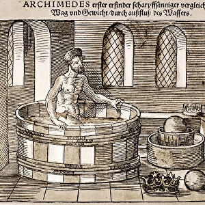 Greek mathematician and inventor. Archimedes in his tub, discovering the relationship between weight and displacement of water. Woodcut, German, 16th century