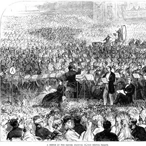 HANDEL: MESSIAH. Contemporary English engraving of the performance of George Frederick Handels Messiah given at the Crystal Palace in London, England, on 26 June 1865 by 400 instrumentalists, a chorus of 3, 600 voices, and soloists among whom were Adelina Patti and John Sims Reeves