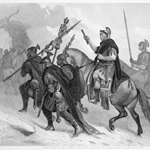 HANNIBAL (247-183 B. C. ). Carthaginian general. Hannibal and his army crossing the Alps in 218 B. C. Steel engraving, American, 1870