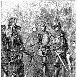 HENRY V AT AGINCOURT, 1415. King Henry V of England on the field of Agincourt, Ocotber 1415, just before battle. Wood engraving, English, 19th century