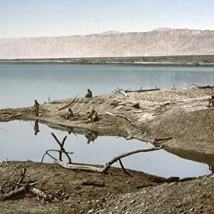 HOLY LAND: DEAD SEA. Men standing on the shores of the Dead Sea. Postcard, c1895