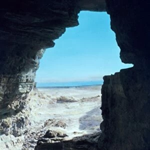 HOLY LAND: QUMRAN CAVES. View of the Dead Sea from Qumran caves, where the Dead