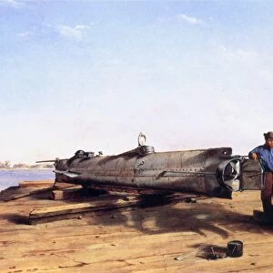 HUNLEY SUBMARINE, 1863. The Hunley submarine torpedo boat in drydock in Charleston, South Carolina. Oil by Conrad Wise Chapman (1842-1910)