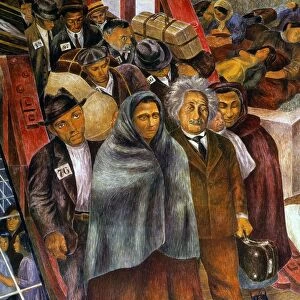 IMMIGRANTS, NYC, 1937-38. Immigrants arriving in New York City, prominent among whom are Albert Einstein and Charles Steinmetz. Detail of a mural, 1937-38, by Ben Shahn