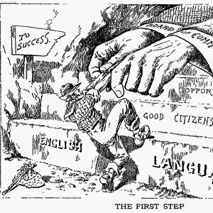 IMMIGRATION CARTOON, 1916. The First Step. Cartoon from an American newspaper