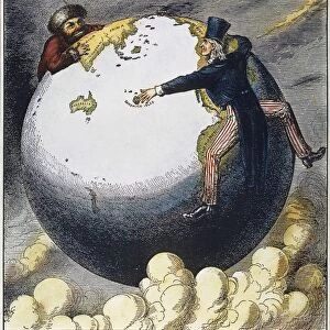 IMPERIALISM CARTOON, 1876. The Two Young Giants, Ivan and Jonathan, Reaching for Asia by Opposite Routes. American cartoon, 1876, by Frank Bellow occasioned by the United States signing a commercial pact with Hawaii and Russias expansion into China