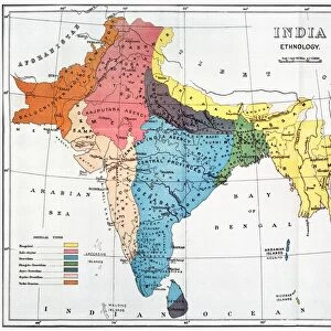 INDIA: MAP, 19th CENTURY. Map of India depicting the seven ethnological classifications developed by Sir Herbert Hope