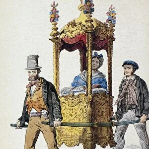 ITALY: SEDAN CHAIR. Etching, Italian, after Pasquale Mattej (1813-1879) from Francesco