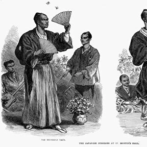 JAPANESE JUGGLERS, 1867. Japanese jugglers performing the butterfly trick and spinning the top at St. Martins Hall, London, England, 1867. Wood engraving from a contemporary English newspaper