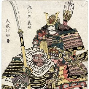Japanese samurai warrior, Genkuro Yoshitsune and warrior monk, Saito Musashibo Benkei. Woodblock print by Toyokuni Utagawa, early 19th century