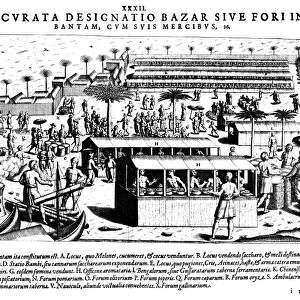 JAVA: BANTAM MARKET, c1607. Marketplace with Indian and Portuguese traders at Bantam, Java, Indonesia. Copper engraving by Theodore de Bry, c1607