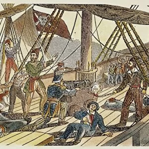 JEAN LAFFITE (c1780-c1826). French pirate. Laffite and his pirates boarding a merchant ship. Color engraving, American, 1844