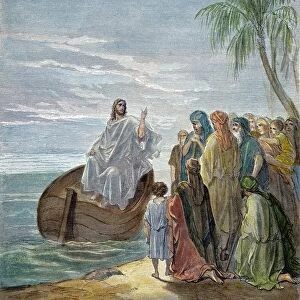 Jesus Preaching at the Sea of Galilee (Luke 5: 1, 3). Wood engraving after Gustave Dor